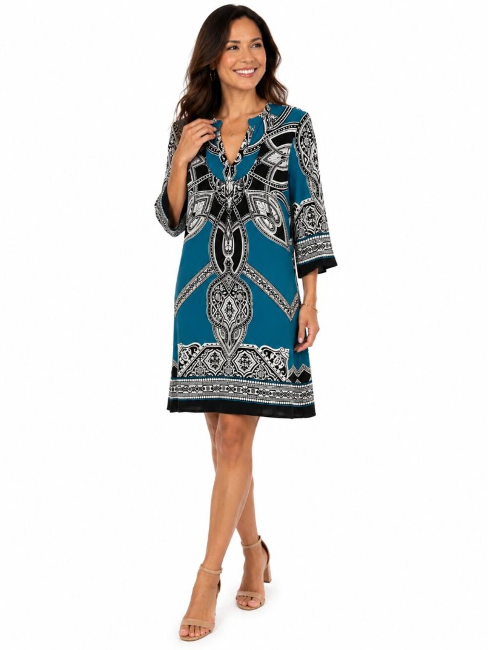 Intermission Dress Size 4 Turquoise Knit Dress Art Deco Print 3/4 Slv
